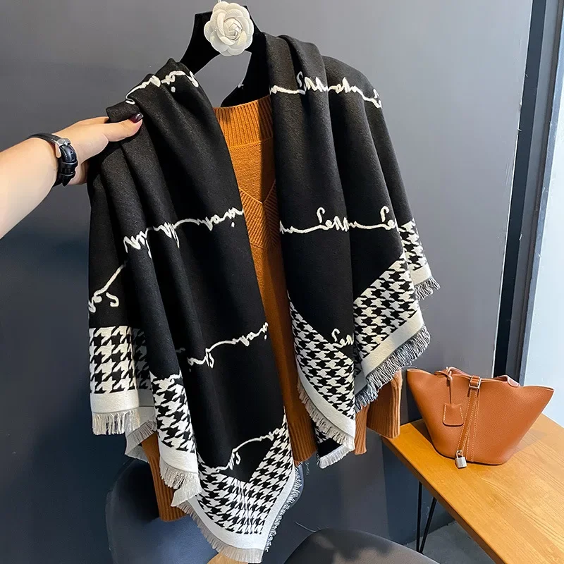 Luxury Brand Cashmere Women Houndstooth Scarf Winter Warm Shawl and Wrap Bandana Pashmina Female Foulard Square Thick Blanket