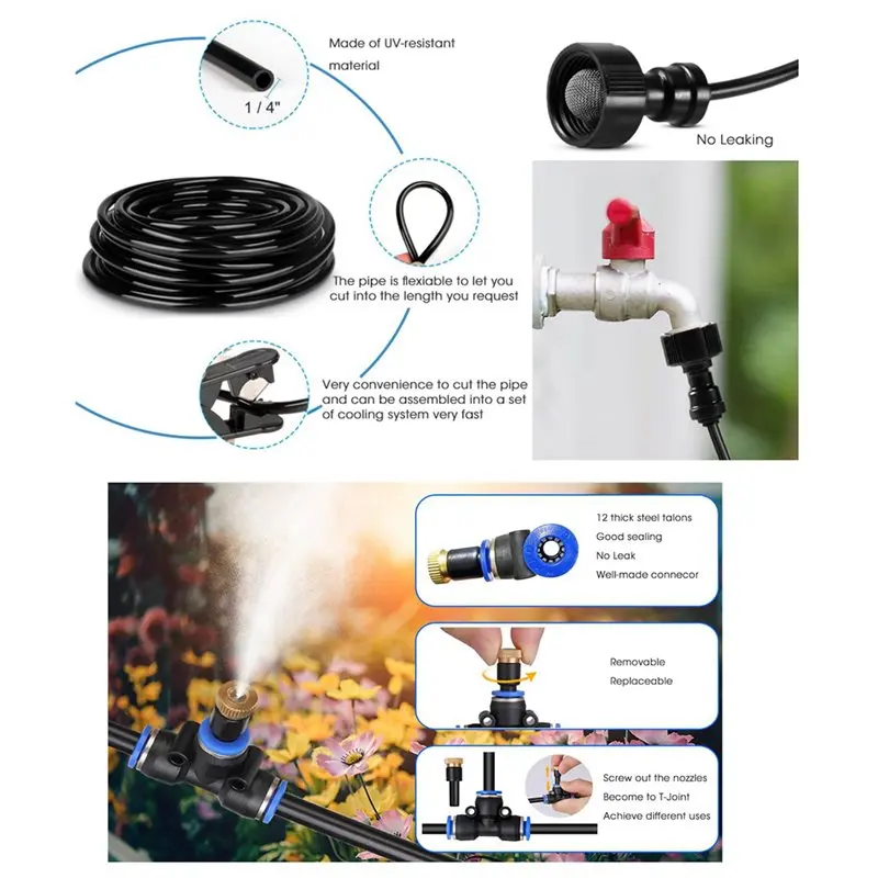 AB66-2X Outdoor Misting Cooling System 33FT(10M), DIY Misting Line, 24Pcs Brass Nozzle (3/4Inch),Garden Greenhouse Trampoline