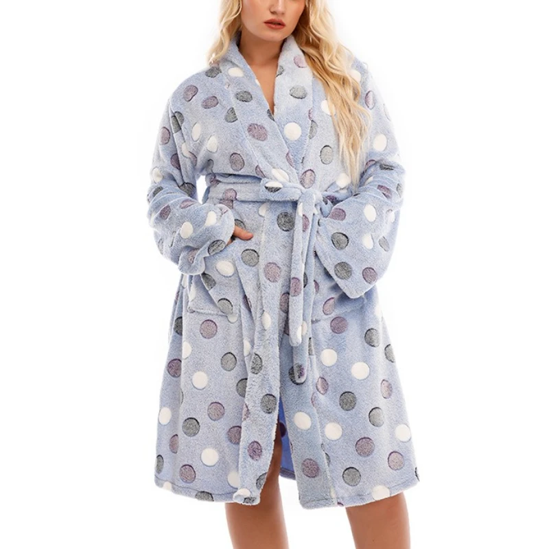 Krismile Winter Warm Robe Women 2025 Thick Polka Point Casual Home Wear Long Sleeve Comfort Lace Up Shower Wear Soft Bathrobe