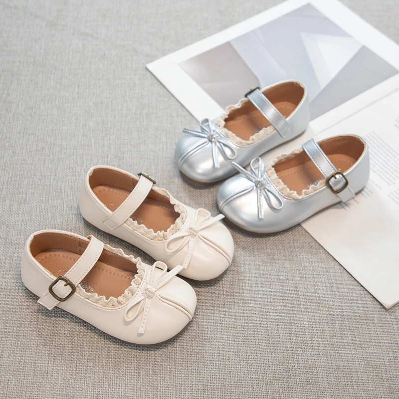 

2025 New Fashion Style Autumn Children Leather Shoes for Girls Sweet Bowtie Soft Bottom Elegant Lace Versatile Shoes