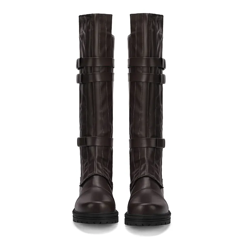 Women Renaissance Knight Boots Round Head Low Heel Knee Boots Leather Pirate Cosplay Boot Halloween Costume Shoes   Belt buckle image 4