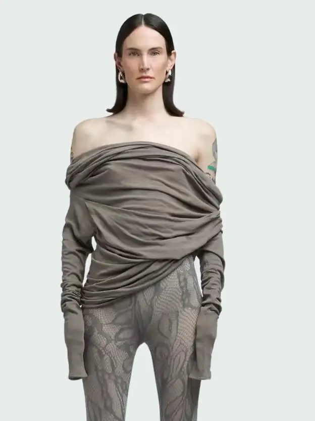 Street Style Oversized Cotton T-Shirt Three Colors Long Sleeve Knitted Shoulder Bared Layered Neck Design Polyester Blend
