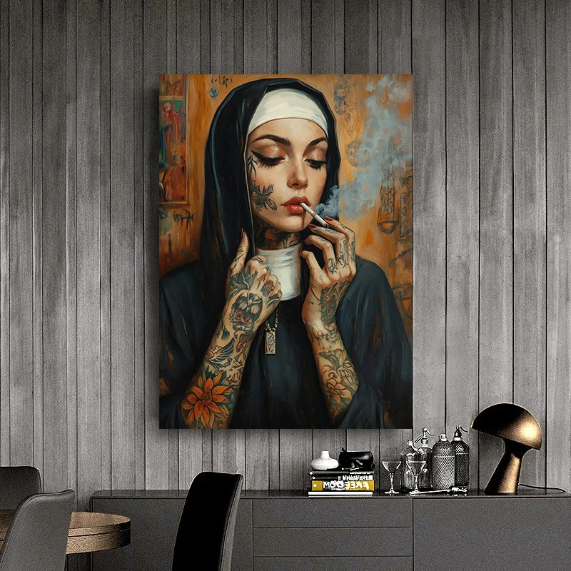 Tattooed Nun Smoking Cigarette Poster Print Wall Art Vintage Canvas Painting Tattoo Studio Home Decor Cuadros
