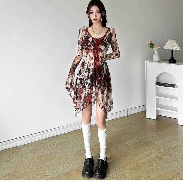 Vintage Rose Print All-match T-shirt for Women O-neck Lace Up Slim Waist Blouses Mujer Y2k Long Sleeve Sun Protection Tops