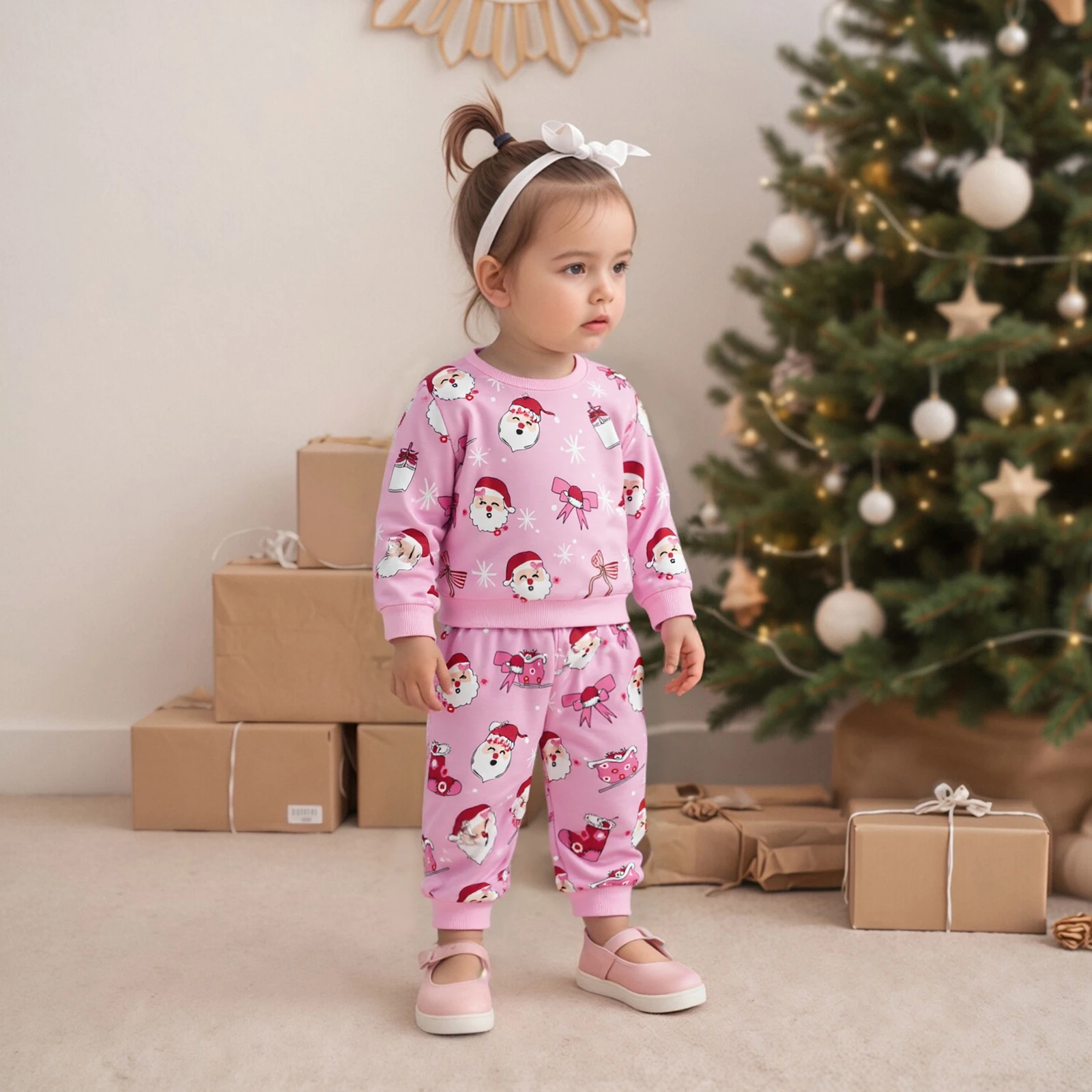 طفلة عيد الميلاد ملابس سانتا ندفة الثلج طباعة طويلة الأكمام جولة الرقبة البلوز + مرونة الخصر السراويل قطعتين مجموعة