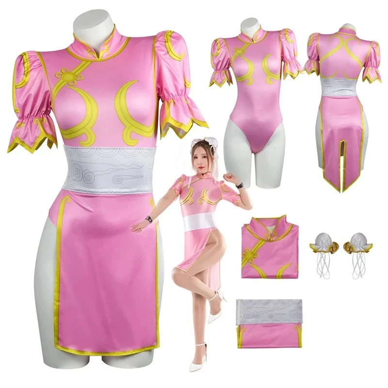 Sutorito Faita Cheongsam Rosa Kleid Spiel Street Chun Li Cosplay Kostüm Frauen Mädchen Qipao Chunli Outfit Kostüm Halloween
