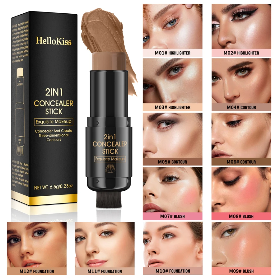 Double-head Contour Stick,Shades with Highlighter & Bronzer & Blush,Non-greasy and Waterproof Face Contouring Stick With Brush