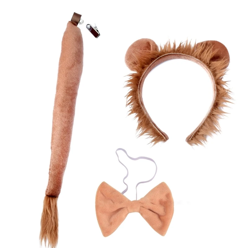 3PCS/Set Cartoon Lion Ear Hair Hoop Tail Bowtie Plush Carnivals Party Headpiece Plush Hairband Role Play Tail Tiaras Dropship