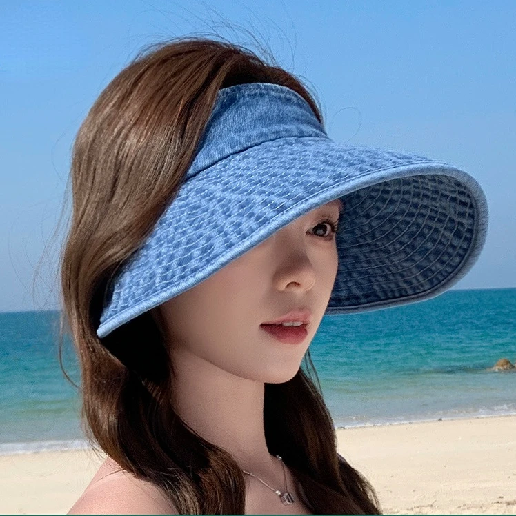 Topi Matahari Denim Cuci Mewah Ceruk Wanita Topi Matahari Pinggiran Lebar Modis Topi Matahari Luar Ruangan Kasual Trendi