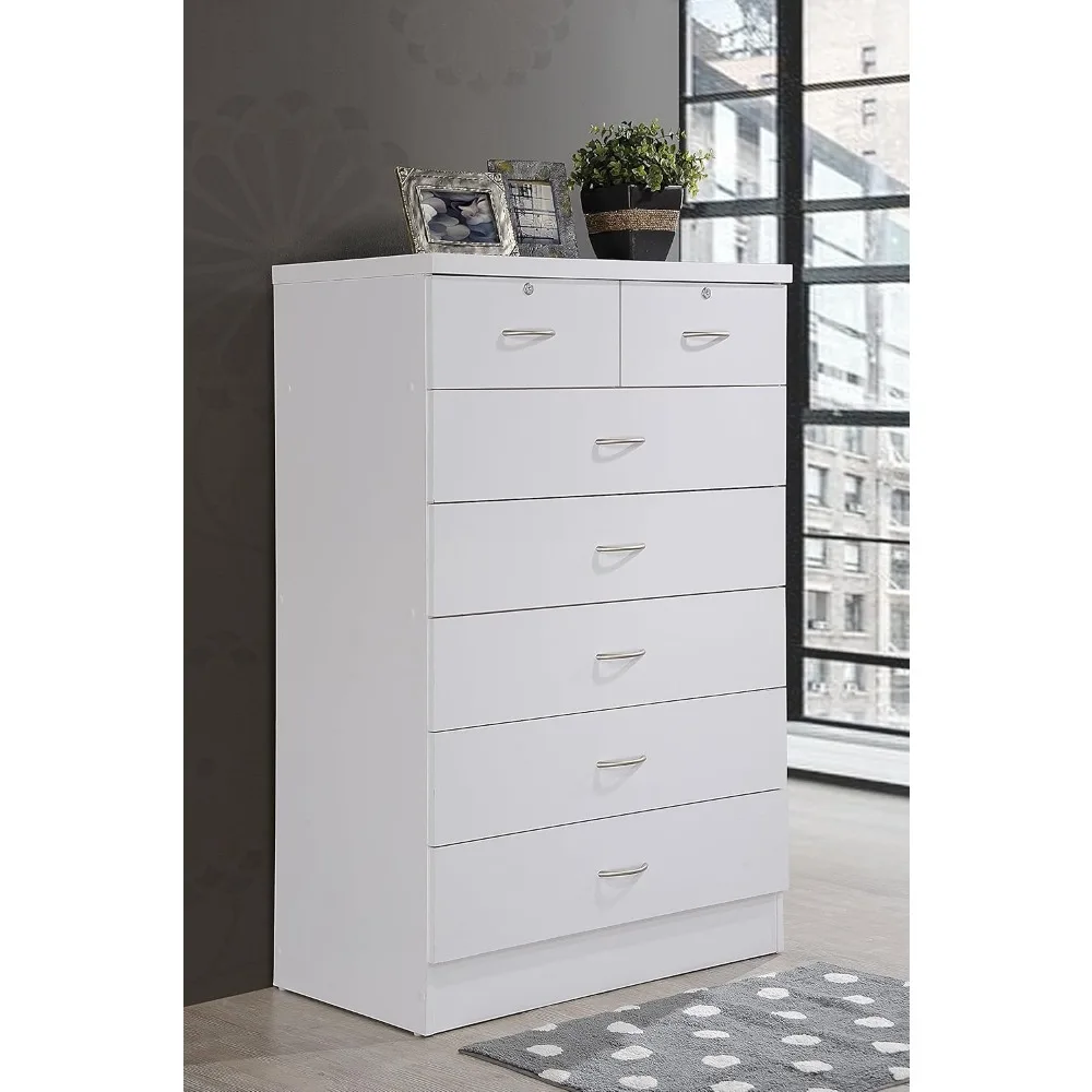 7 Drawer Wood Dresser for Bedroom, with 2 Locks on the Top Drawers, Storage Organization Unit for Clothing, White