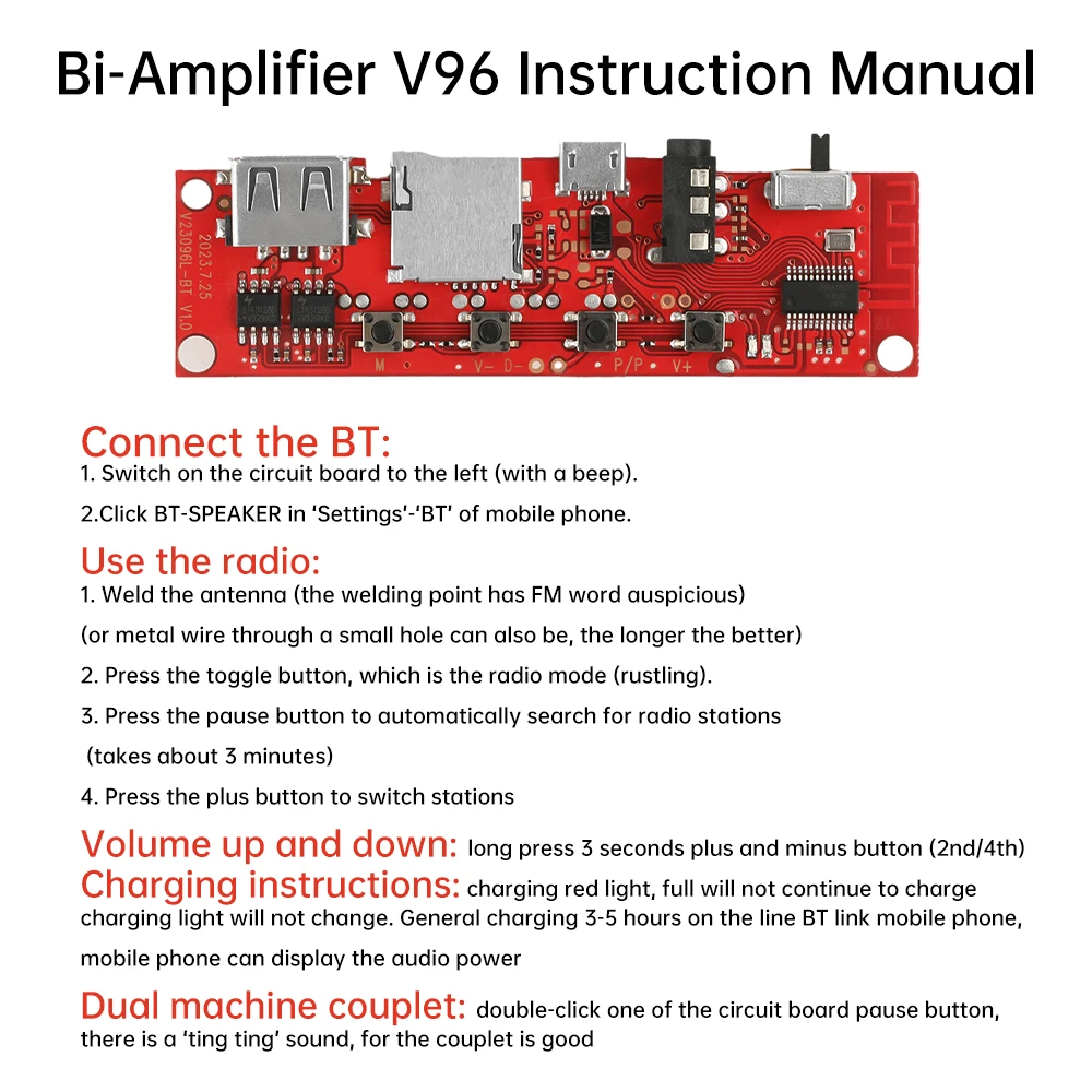 Плата усилителя Bluetooth V96, двуусилитель, многофункциональный аудиоплеер, плата управления, интерфейс зарядки Micro USB, домашний усилитель