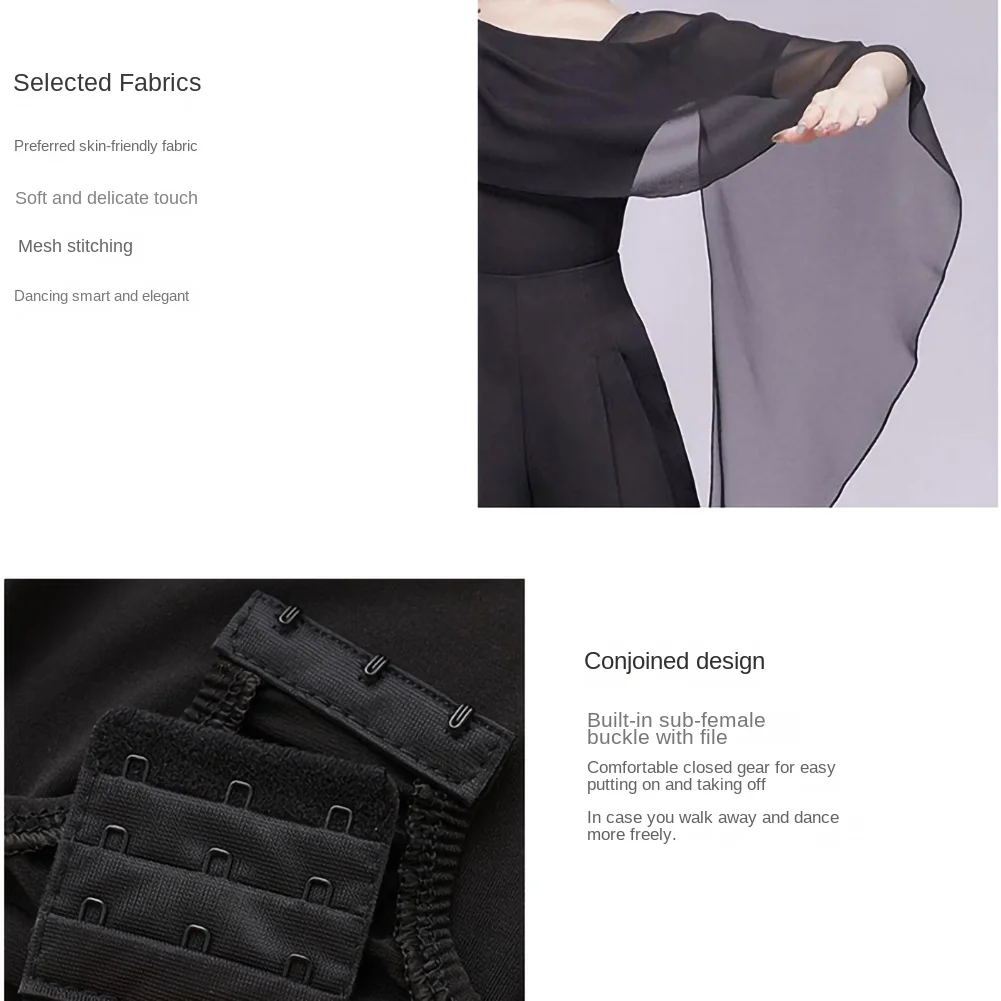 斜めネックラテンダンストップシンプルなステッチボール新しいエレガントな長袖トップ女性のメッシュブラックエレガントなジャンプスーツ