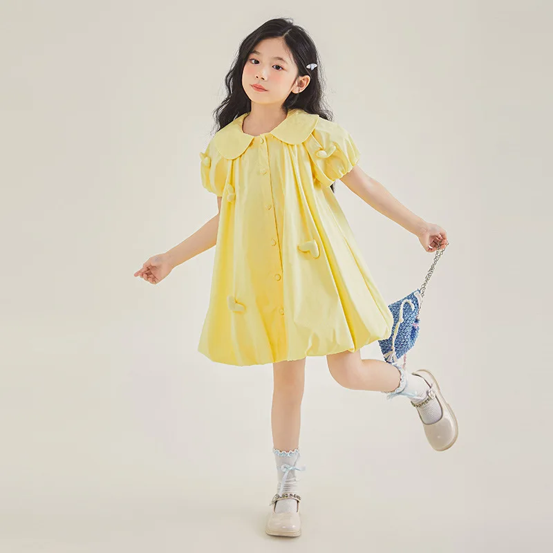 2024 Summer School Girl Dress Elementary Girl Bubble Sleeve Princess One-piece Dress Children Girl Love Sweet Fluffy Dress