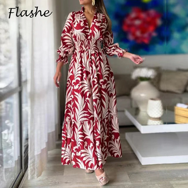 2022 Autumn Elegant Dress Women V Neck Long Sleeve Elastic Waist Maxi Long  Dress Ladies Office Print Party Dresses For Women - Dresses - AliExpress