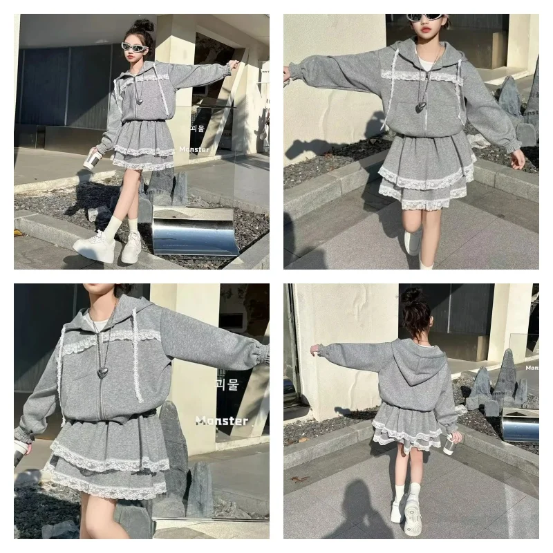 

Лидер продаж, модный спортивный костюм для девочек, юбка, студенческая осенняя повседневная топа на молнии с капюшоном и рисунком, юбка, комплект из 2 предметов, детская одежда