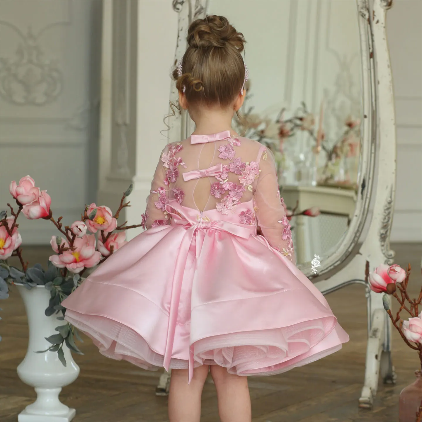 Jill Wish Elegant Pink Girl Bridesmaides Dress 3D Flowers Full Sleeve for Princess Kids Birthday Wedding Party Pageant Gown J177