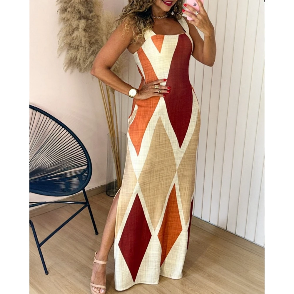 

Women Summer Dress Geometric Print Square Neck Dresses Side Slit Sleveless Wide Strap Maxi Dress Boho Style Dresses