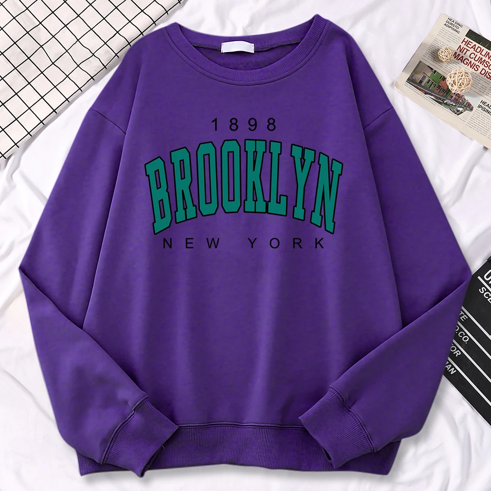 Autumn Kawaii Womens Sweatshirts 1898 Brooklyn New York Print Hoodies Crewneck Fleece Pullovers Loose Warm Female Streetwear