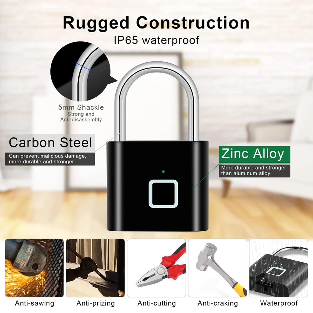 Smart Home Smart Lock Fingerprint Padlock USB Rechargeable Digital Electronic Lock IP65 Waterproof Keyless Security Protection