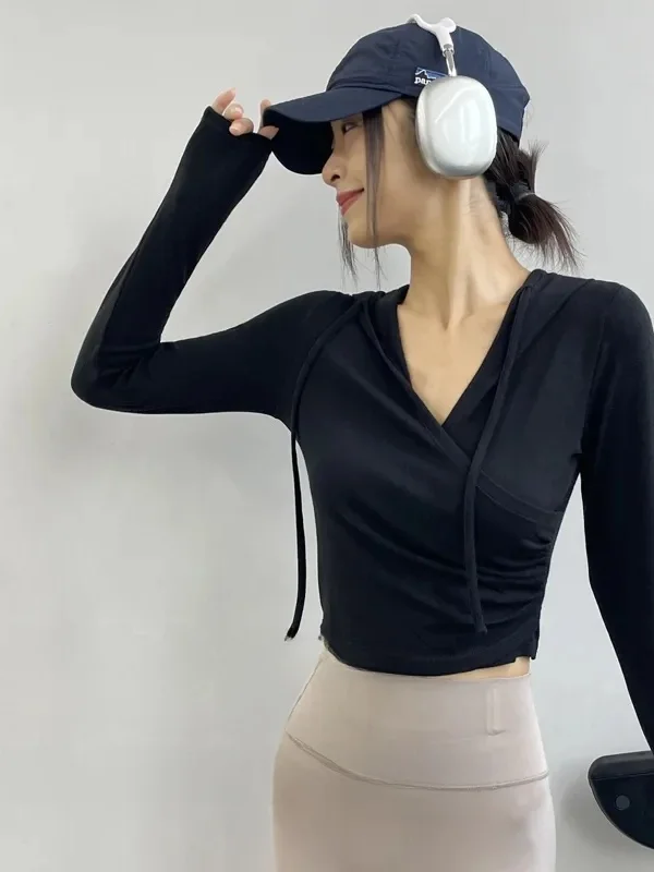 

New Crossbody V-Ne Casual Long Sve Yoga Top Women's Outdoor Running Fitn Wear Spring Summer Breathable Slimming Outfit