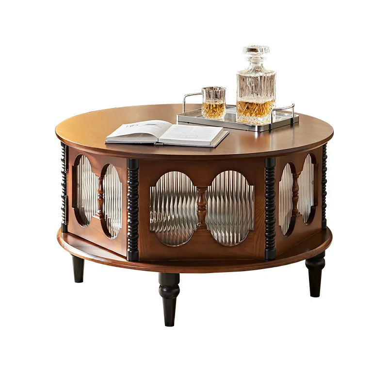 

French retro solid wood coffee table with storage function round table ash wood movable living room home antique tea table