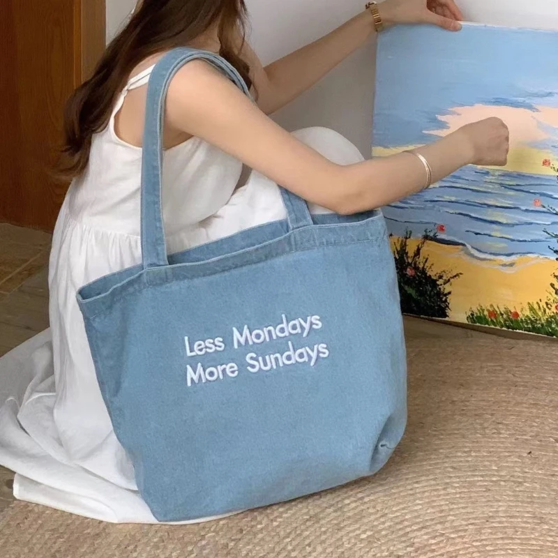 Large Capacity Denim Shoulder Bags for Women Student Commuter Ladies Underarm Bag Casual Letters Female Shopping Tote Handbags