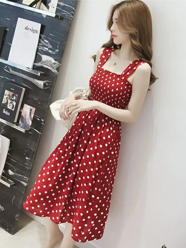 Summer 2026 Women's Polka Dot Strap Dress Fairy Slimming Midi Length Sweet Style Fashion Trend Sweet Style Midi Dress