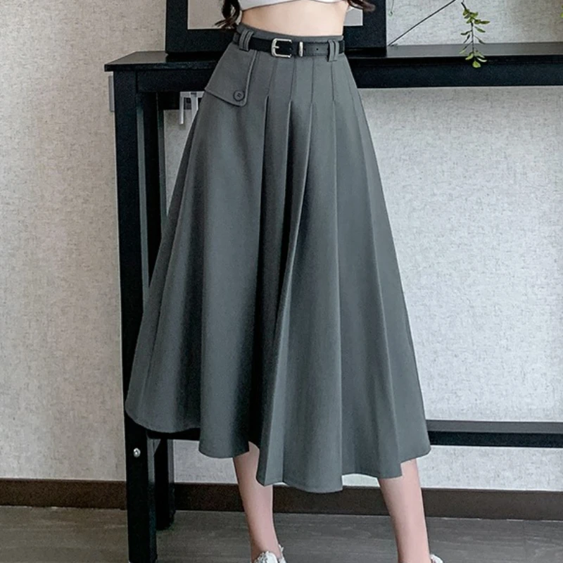 

Seoulish Autumn High Waist Vintage Pleated Women's A-line with Belted Solid Casual Loose Umbrella Midi Skirts Female 2025 New