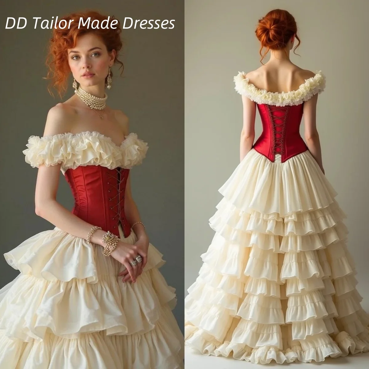 Vestido de novia victoriano Vintage con volantes y hombros descubiertos, vestido de novia con corsé Beige y rojo con cordones, bata larga personalizada