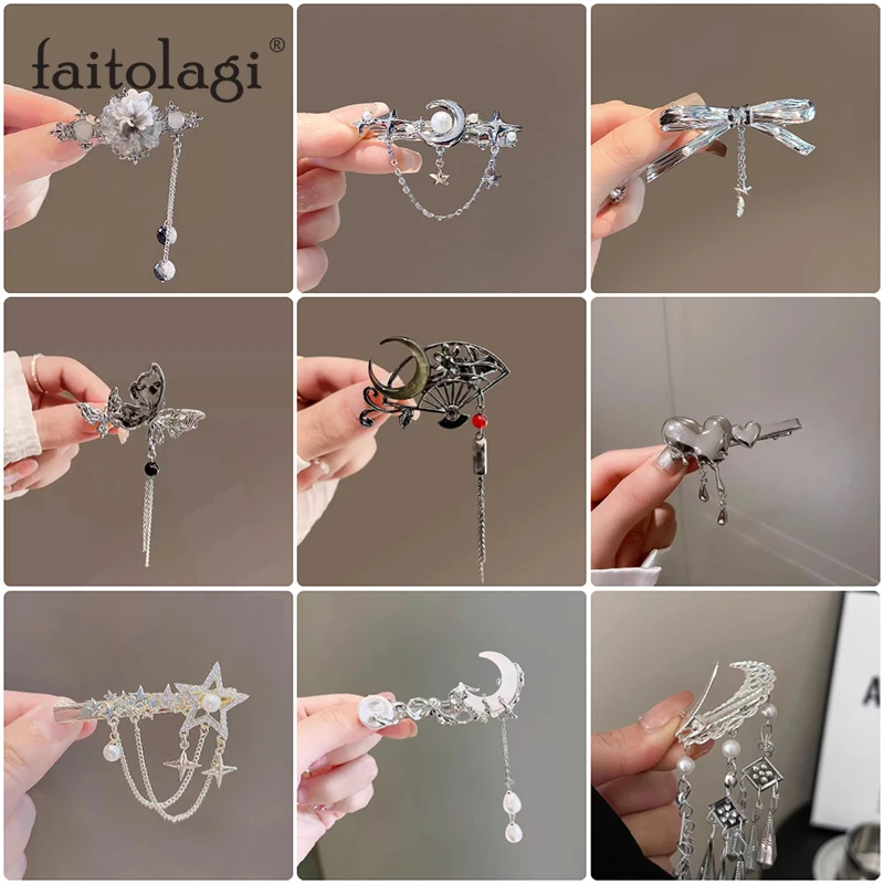 Horquilla con borla de Luna y estrella Y2K, cadena de Metal Irregular, colgante, pinzas para el cabello para niña, Punk, gótico, negro, mariposa, lazo, estrella, flequillo