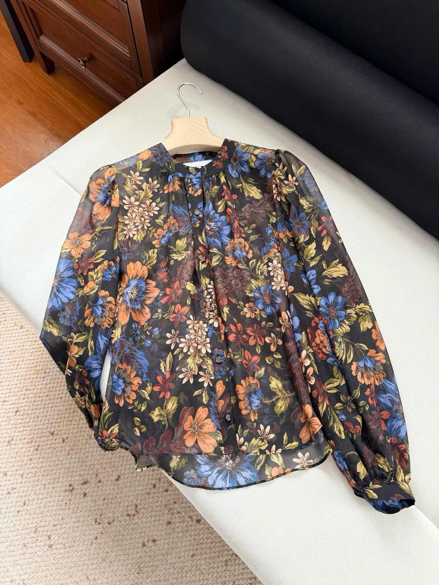 

100% Real Silk Sheer Chiffon Floral Print Blouse Women Long Sleeve Stand Collar Button Down Shirt for Office Daily Vintage ChiCh