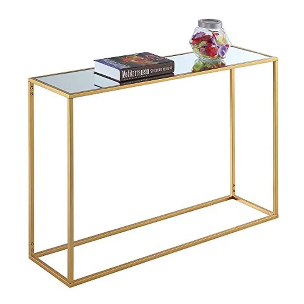 Mirrored Top Console Table Gold Frame Open Design Easy Assembly Gold Coast Collection