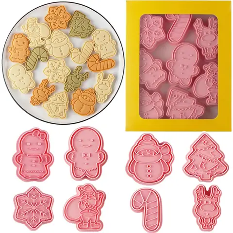 8 Pcs Christmas Cookie Cutters Set Baking Molds 3D Christmas Press type Cookie Cutter for Baking, Fondant, Cheese, and Pastries