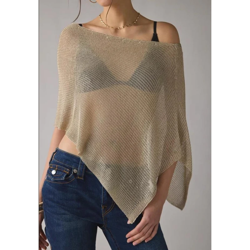 

Женская сетчатая полупрозрачная блузка-пуловер с коротким рукавом, асимметричным подолом и круглым вырезом