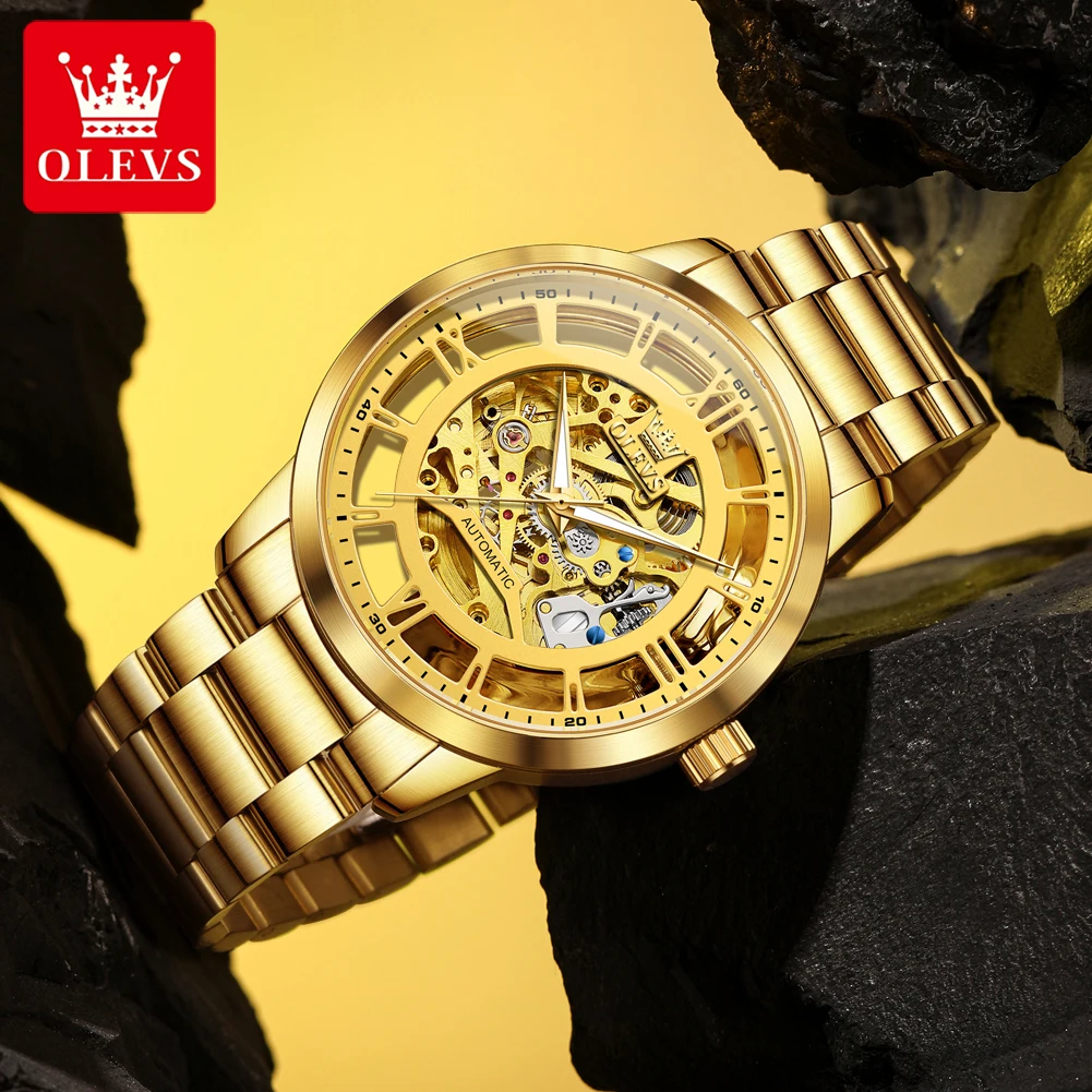 OLEVS Top Brand Fashion Trend Man Watch Original Stainless Steel Skeleton Automatic Mechanical Luxury Business Watches for Men