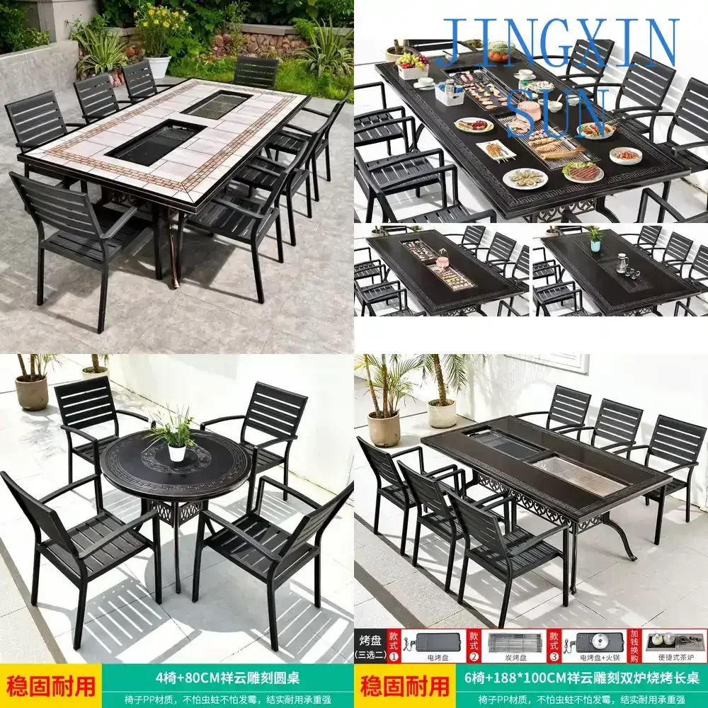 Outdoor BBQ Table and Chair Set for Patio Courtyard Terrace Garden Yard Villa Outdoor Leisure Wrought Iron Cast Aluminum Long