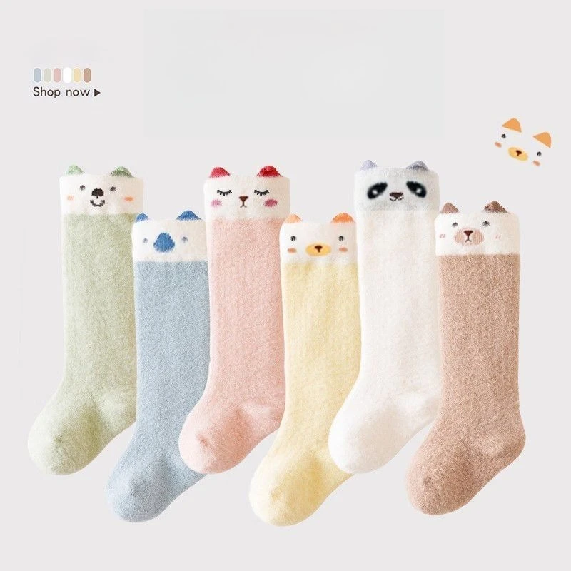 Calcetines térmicos de invierno con dibujos animados para niños y niñas de 0 a 12 meses, calcetines elásticos hasta la rodilla sin costuras, con mezcla de algodón suave y cálida para recién nacidos