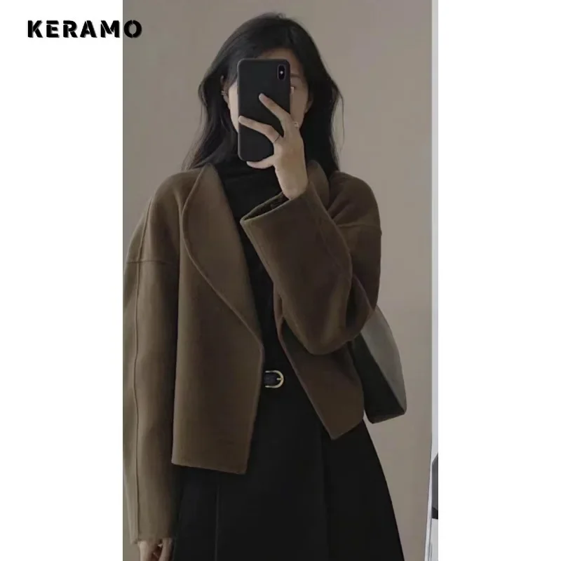 2024 Winter Casual Office Lady Style Wool Jacket Women Vintage Long Sleeve Outerwear Loose Solid Color Notched Collar Warm Coat