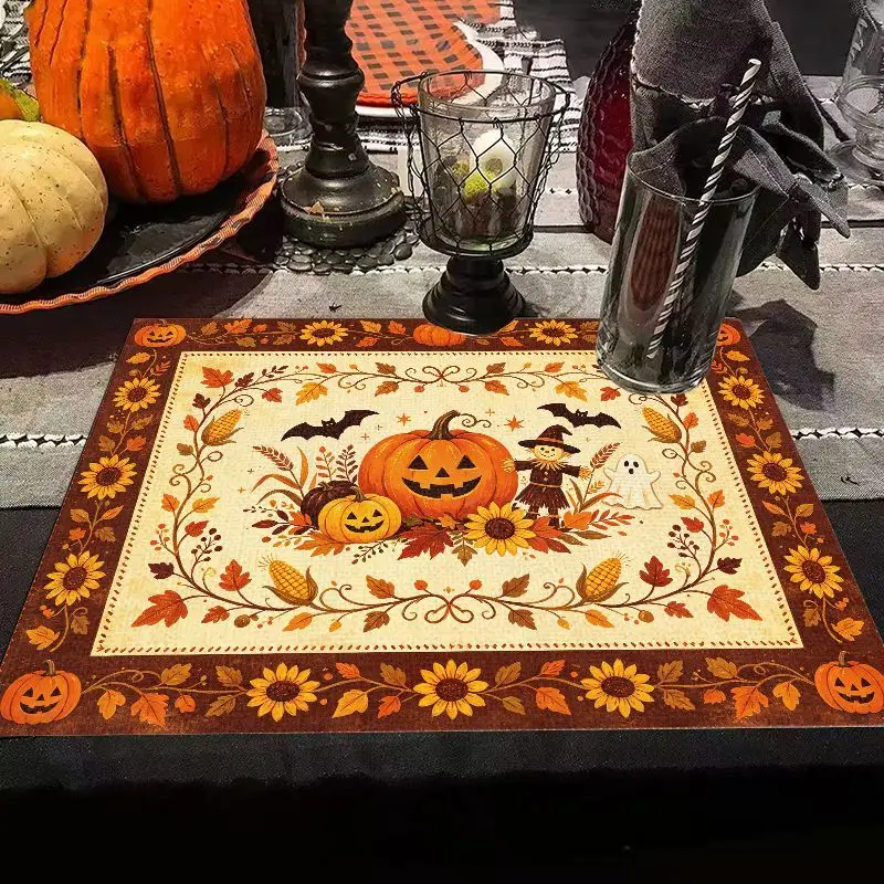 VIKAMA Orange Halloween Placemat Spooky Graffiti Design Table Mat for Home Kitchen Dining Decor