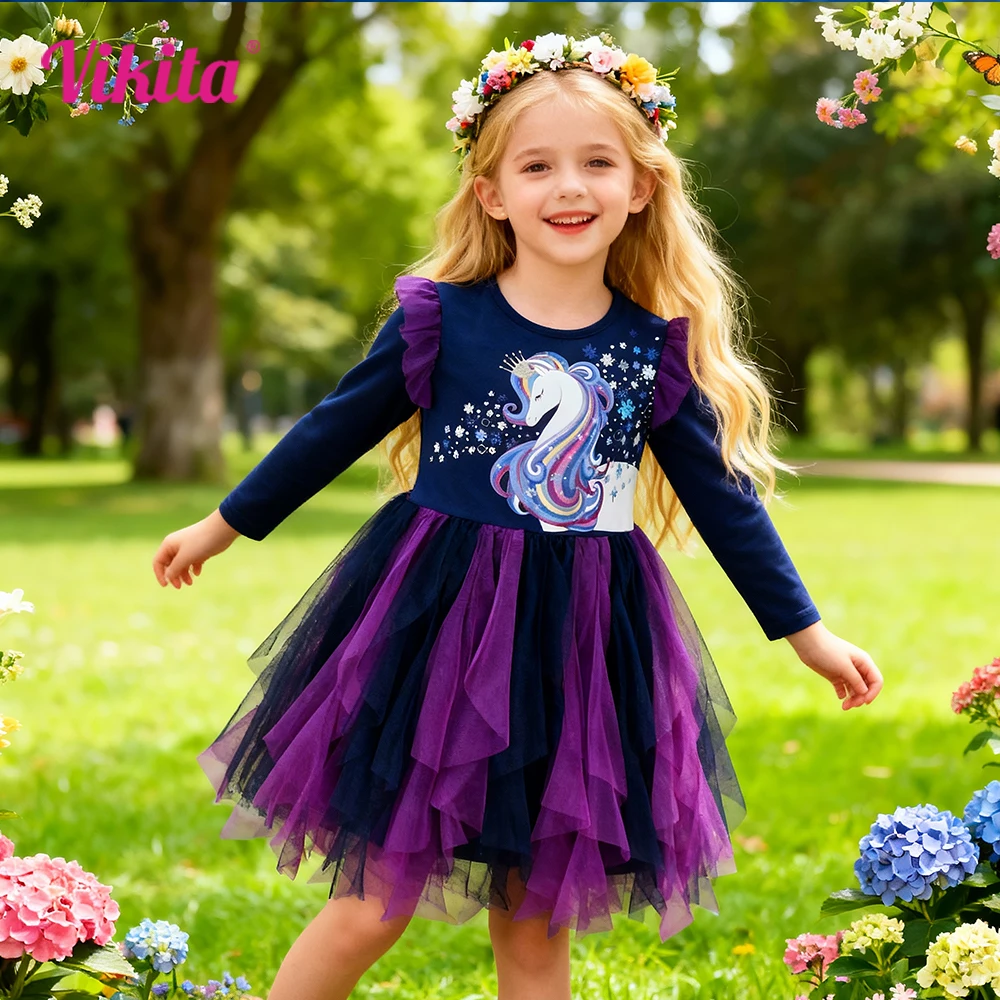 Kleinkinder Prinzessinnenkleid Kinder Lila Marineblau Rüschenärmel Partykleid Kinder Einhorn Mehrlagiges Unregelmäßiges Tüll-Netz-Tutu-Kleid