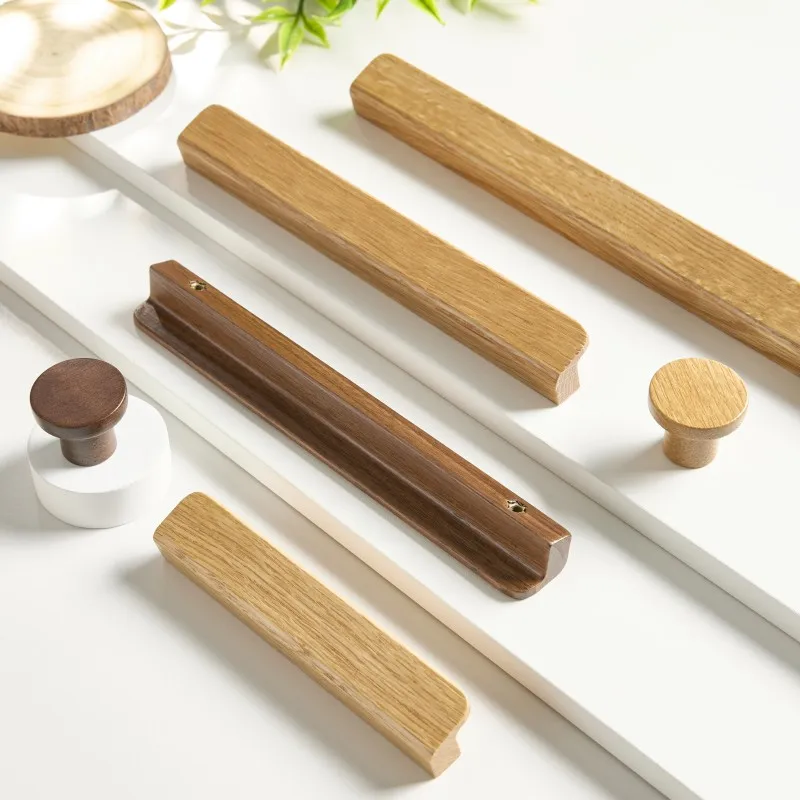6pcs Long Bar Oak Walnut Cabinet Handle 7-Shaped Solid Wood Pulls Round Single Hole Knob Kitchen Bedroom Furniture Handles