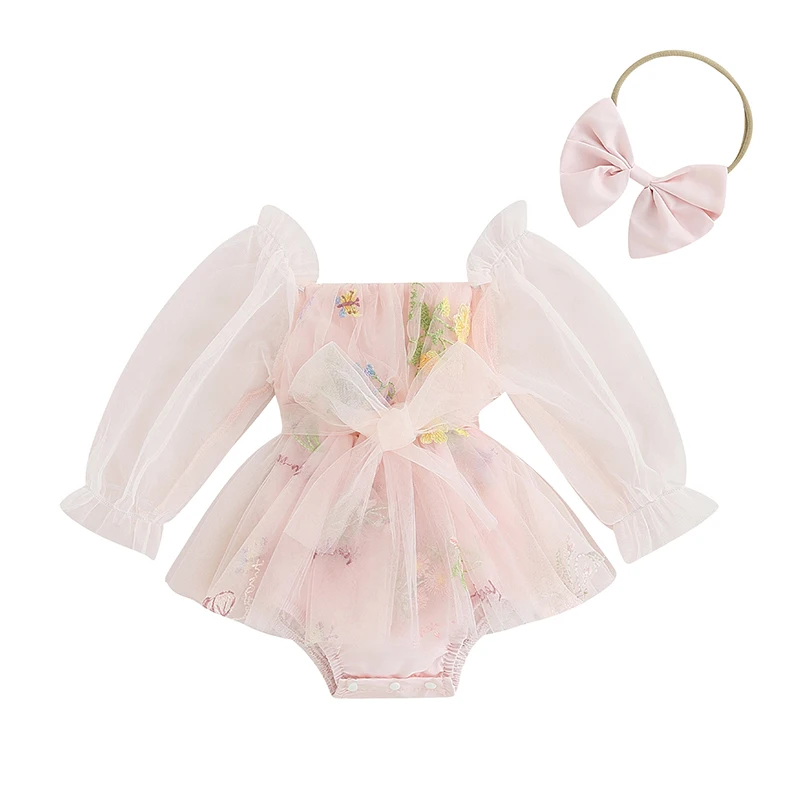 

Baby Girls 2 Piece Outfits Floral Long Sleeves Mesh Tulle Romper Dress and Cute Headband for Toddler Infant Fall