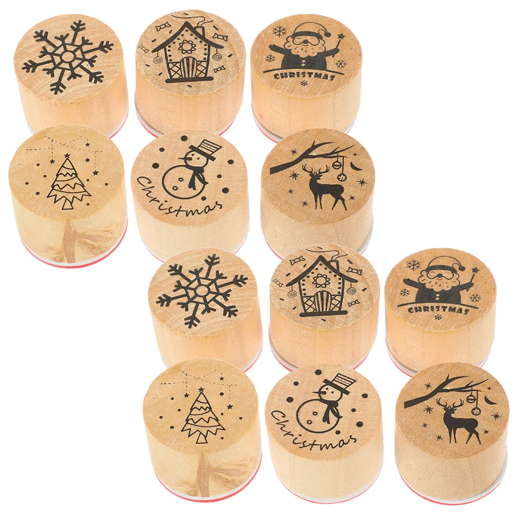 12 Pcs Nail Decoration Round Stamps Mini Christmas Crafts Wood Unique Cartoon Stampers Seal Child Portable