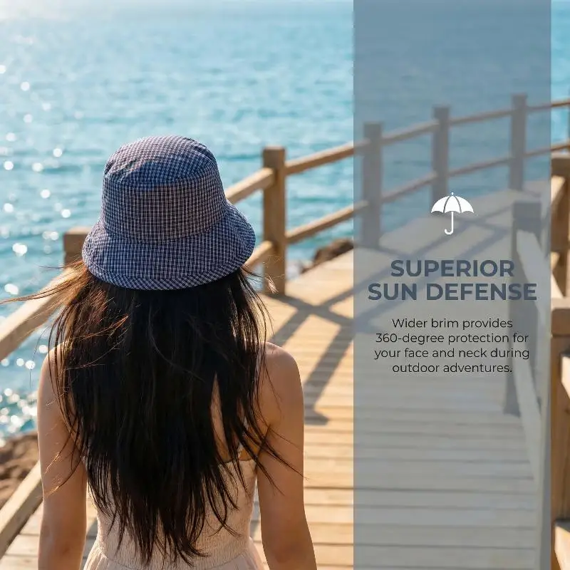 Summer Fashion Plaid Fisherman Cap Lightweight Bucket Hat with Curled Bow Women Sun Protection  for Travel and Park