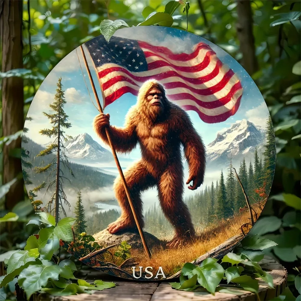 لافتة معدنية Sasquatch أمريكية عتيقة ثنائية الأبعاد - طباعة مستديرة ثنائية الأبعاد، فن جداري مقاوم للماء والغبار للمنزل