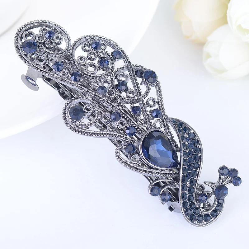 EASYA Blue Peacock Hairpins Rhinestone Crystal Flower Leaf Hair Clip Barrettes Vintage Hair Accessories Jewelry For Women Girls