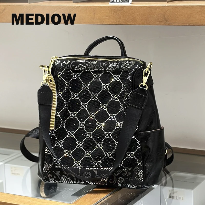 

MEDIOW Biker Style Backpack Bags For Women Luxury Designer Handbags 2023 New In PU Embellished Shiny Imitation Diamond Flowers