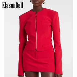 8.12 KlasonBell Women Fashion Temperament Shoulder Pads Zipper Red Jacket Office Lady All-matches O-Neck Pocket Design Coat