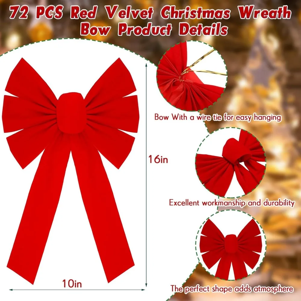 72 Pcs Large Red Christmas Velvet Bows 10 x 16 Inch Green Christmas Wreath Hanging Bow Xmas Tree Topper