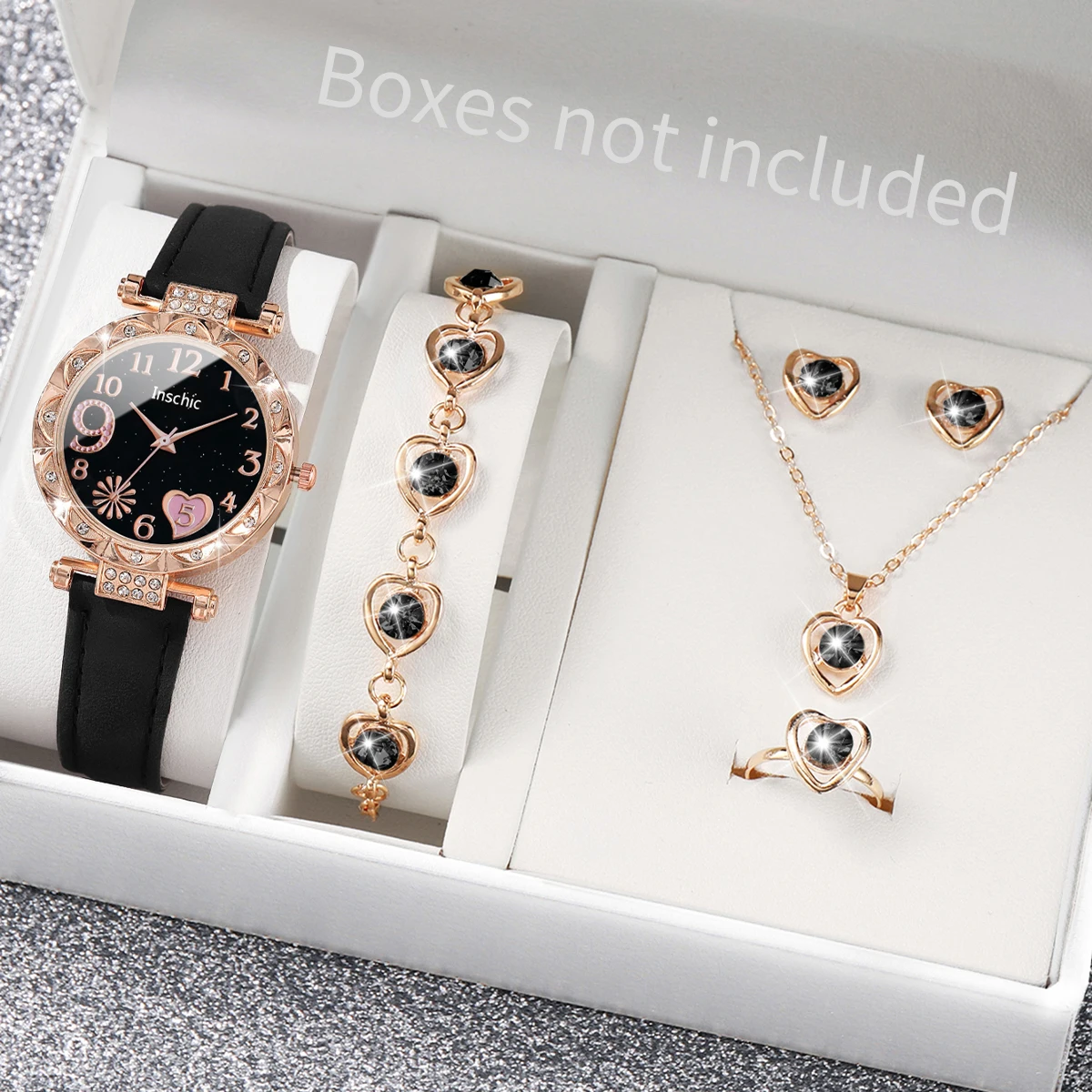 6PCS Women\'s Watch Fashion Heart Dial Leather Band Quartz Watches Rhinestone Jewelry Set（Without Box）